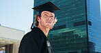Graduation, success or man with thinking outdoor for academic milestone, career vision or study achievement. Low angle, graduate or diploma ceremony in city with education dream or future opportunity