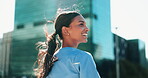 Happy, thinking and medical student with woman in city future, healthcare and opportunity. Doctor program, nursing internship and smile with person outdoors for residency training, pride and idea