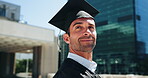 Graduation, man and happy with thinking outdoor for academic milestone, degree pride or study achievement. Education success, graduate or diploma ceremony in city with career vision or learning goals
