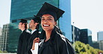 City, education and graduation with face of girl student outdoor for college or university ceremony. Buildings, certificate and qualification with happy graduate downtown for scholarship success