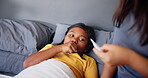 Sick, thermometer and mother with child in bedroom for illness, worry and temperature check. Illness, virus infection and cough with young girl and parent in family home for disease monitor and fever