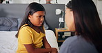 Support, love and mother with girl for advice, care and discipline of sad daughter in bedroom together. Trust, conversation and parent speaking to child with conflict, discussion or talking for fear