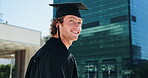 Graduate, success and man with thinking outdoor for education milestone, study achievement and diploma award. Graduation, student and laughing for future mission, academic pride and learning goals
