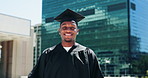 Happy, graduation and face of black man in city with degree, certificate or diploma scroll. Education, excited and portrait of male graduate with university achievement, goal or target in town.