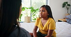 Support, love and mother with girl for discipline, care and advice for sad daughter in bedroom together. Trust, conversation and parent speaking to child with conflict, discussion or talking for fear