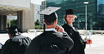 Smile, students and handshake at graduation outdoor with hug, diploma achievement and celebration. Men, friends and embrace at award ceremony, learning success and congratulations on qualification