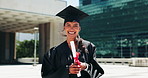 Excited, graduation and face of woman in city with degree, certificate or diploma scroll. Education, happy and portrait of female graduate with university achievement, goal or target in town.