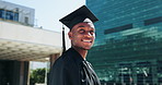 Graduation, happy and face of black man in city for celebration, ceremony and achievement. College, school and portrait of student for education success, university degree and qualification in town