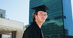 Student, graduation or man with thinking outdoor for academic milestone, career vision or study achievement. Low angle, person or diploma ceremony in city with degree qualification or future ambition