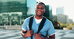 Smile, face and medical student with black man in city future, healthcare and opportunity. Doctor program, nursing internship and happy with person outdoors for residency training and medicine
