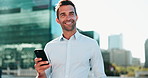 City, phone and thinking with business man outdoor for communication, contemplation or opportunity. Future, smile and vision with happy employee downtown to search app for directions on commute