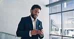 Finance, phone and businessman in lobby with smile, connection and online schedule. Confident, modern office or happy financial advisor with mobile app for appointment, text message or project update