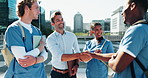 City, handshake and medical students with professor for conversation, development or education. Applause, healthcare and medicine with group of people clapping downtown for college or university