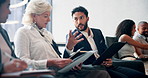 Hiring, interview and business people in discussion in waiting room for cv tips, help and job hunting. Group, recruitment and conversation in office for career search, human resources and resume