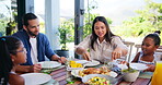 Family dinner, mother and serving with food for happy conversation, love or bonding together on patio. Father, girl and daughter for lunch, chat or relax with care, smile or laugh outside house