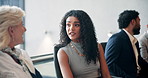 Recruitment, group and business woman in discussion in waiting room for feedback, help and job hunting. Candidate, hiring and conversation in office for career search, human resources and interview