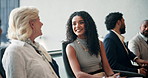 Recruitment, group and business women talking in waiting room for feedback, advice and job hunting. Happy candidate, hiring and conversation in office for career search, human resources and interview