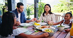 Food, worship and family holding hands in prayer outdoor for gratitude, grace or blessing on patio. Love, support or people together for lunch, meal or morning nutrition for tradition or spirituality