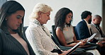 Paper, waiting or businesswoman with resume in queue for hiring, survey info or human resources. People, mature or line for recruitment process, employment documents or job application opportunity