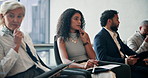 Recruitment, thinking and business woman in office for work opportunity, preparation or problem solving. Candidate, hiring and planning career, interview question or insight on resume in waiting room