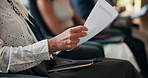 Interview, waiting or business people with resume in queue for hiring, CV info or human resources. Paper, closeup or line for recruitment process, employment documents or job application opportunity