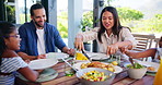 Family dinner, mother and serving with lunch for happy conversation, love or bonding together on patio. Father, girl and daughter for food, chat or relax with care, smile or laugh outside house
