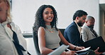 Business, woman and face for interview in office for hiring, b2b preparation and human resources. People, smile and row for recruitment process, resume and audience for job application of opportunity