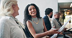Interview, waiting or happy business people with resume in queue for hiring, CV or human resources. Paper, funny or line for recruitment process, employment documents or job application opportunity