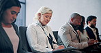 Business, woman and row and interview document for answers, agreement and legal information. People, writing n
and paperwork for recruitment process, hiring application and survey for job opportunity