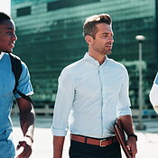 City, medical and students walking with professor for conversation ...