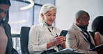 Business people, row and woman with phone for interview, documents and texting in waiting room. Group, onboarding or job opportunity for person in queue with smile, notification and app at HR agency