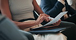 Interview, waiting or business people with paper in queue for hiring, CV info or human resources. Resume, closeup or line for recruitment process, employment documents or job application opportunity