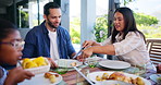 Family dinner, parents and serving with chicken for happy conversation, love or bonding together on patio. Father, mother and daughter for lunch, chat or relax with care, smile or laugh outside house