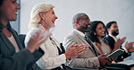 Business people, winner or applause in promotion, announcement or negotiation success at office. Group of employees, clapping and excited celebration for partnership, prize or workplace contract goal