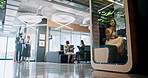 Collaboration, conversation and walking with business people in lobby of office for planning. Discussion, documents and teamwork with employee group in lobby for development, feedback or review
