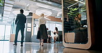 Walking, morning and people in office, back and arrival of employees in corporate company or hallway. Communication, colleagues and networking for project in business, coworkers and account manager