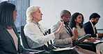 Business, woman and question for interview in office for answer, volunteering and idea of problem solving. People, talking and row for recruitment process, training vote and solution for feedback faq