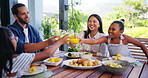 Food, cheers and family with love, home and bonding together with happiness, smile and lunch. People, mother and father with girls, healthy meal and excited with celebration,  love and support