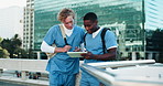 Medical student, people and studying with tablet outdoor for healthcare exam, course information and helping. Medicine, teamwork or men with digital app on rooftop for health education and discussion