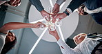 Hands, toast and business people for celebration, success and social event in company party and low angle. Champagne glasses, alcohol and professional employees with team or cheers for work goals