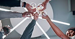 Hands, business people and toast for party, success and social event in company celebration and low angle. Champagne glasses, alcohol and professional employees with team or cheers for work goals