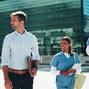 City, commute and medical students walking with professor for ...