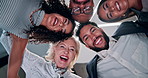 Team building, support and face of business people in huddle for collaboration, partnership or community. Portrait, low angle and happy group of workers with smile, mission goals or target together