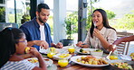 Family dinner, parents and eating with salad for happy conversation, love or bonding together on patio. Father, mother and daughter for lunch, chat or relax with care, smile or laugh outside house