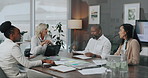 Business people, meeting and conversation with laptop, feedback and ad agency with growth. Employees, sales team and documents with discussion, professional or talking with manager and connection