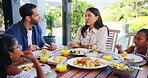 Family dinner, parents and chat with food for happy conversation, love or bonding together on patio. Father, mother and daughter for lunch, eating or relax with care, smile or laugh outside house
