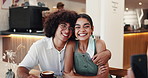 Happy couple, date and hug with picture at cafe for photography, morning or dining at restaurant. Man, woman or lovers with smile or phone screen for capture moment, memory or bonding at coffee shop