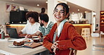 Business face, happy and woman with meeting in cafe for remote work, project planning and collaboration. Entrepreneur team, startup management and discussion in bistro for creative ideas and strategy