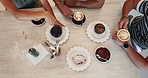 People, hands and cake with coffee above for dessert, hospitality or sweet cocoa on table at restaurant. Top view, closeup or caffeine with cappuccino, latte or espresso for morning breakfast at cafe
