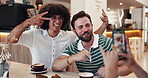 Friends, people and photography with peace sign in cafe for happy memory, travel adventure and holiday trip. Restaurant, men and screen for social media post, profile picture update and breakfast fun